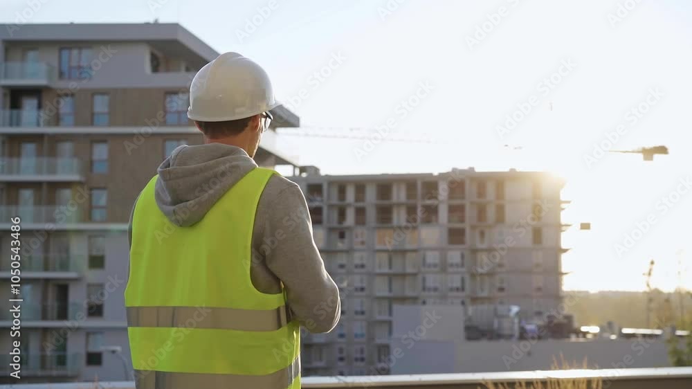 Man engineer with white helmet and safety vest is taking notes with a tablet computer while inspecting a construction site at sunrise Man engineer with white helmet and safety vest is taking notes with a tablet computer while inspecting a construction site at sunrise