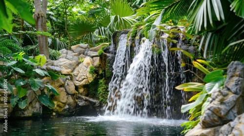 A serene tropical waterfall cascading into a lush jungle pool with vibrant greenery surrounding it, tranquil setting with rich greens, Jungle style
