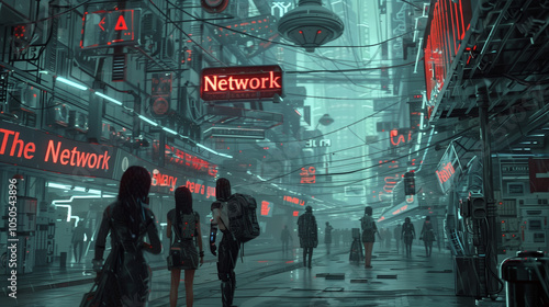 Futuristic cyberpunk city street with neon signs, diverse figures walking under a tech-heavy urban landscape