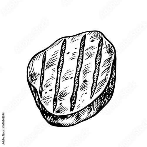 Barbecue meat. Vector graphics with the image of fried meat. A black-and-white hand-drawn illustration of the dish. On a white background. For a menu, poster or label. For cooking recipes, invitations
