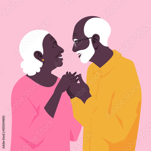 An African elderly happy couple holding hands and looking at each other. Vector flat illustration