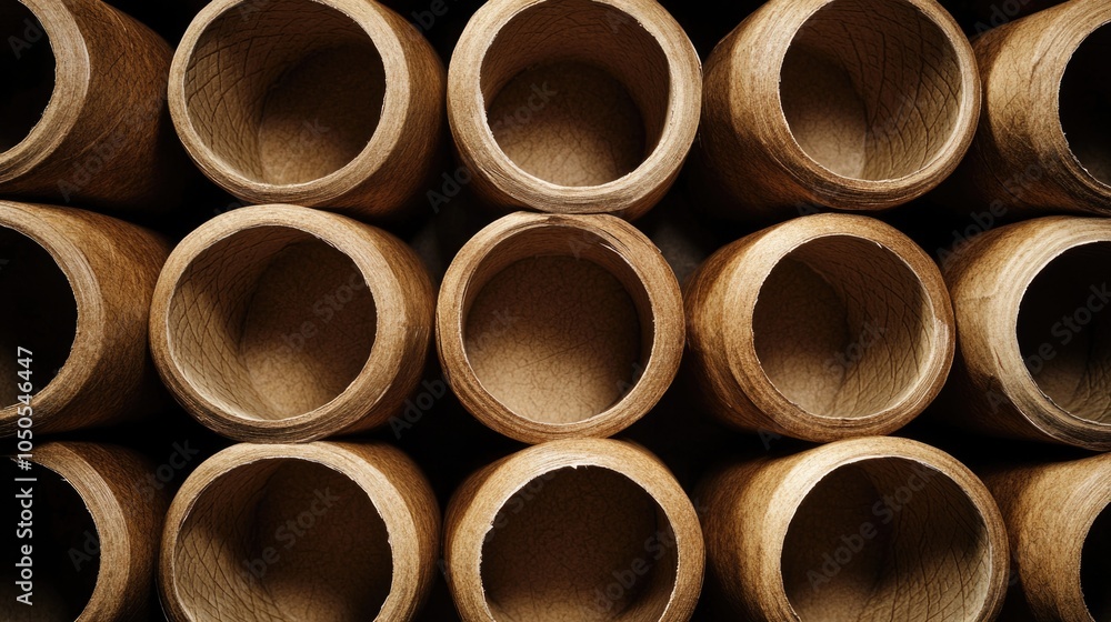 A high-angle view of a cluster of wooden pipes A high-angle view of a cluster of wooden pipes