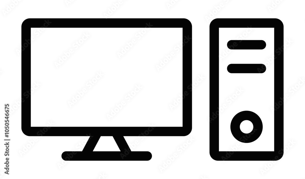 Vector icon of a desktop computer with a separate tower, suitable for technology, office, or digital workspace concepts. Editable stroke. Vector icon of a desktop computer with a separate tower, suitable for technology, office, or digital workspace concepts. Editable stroke.