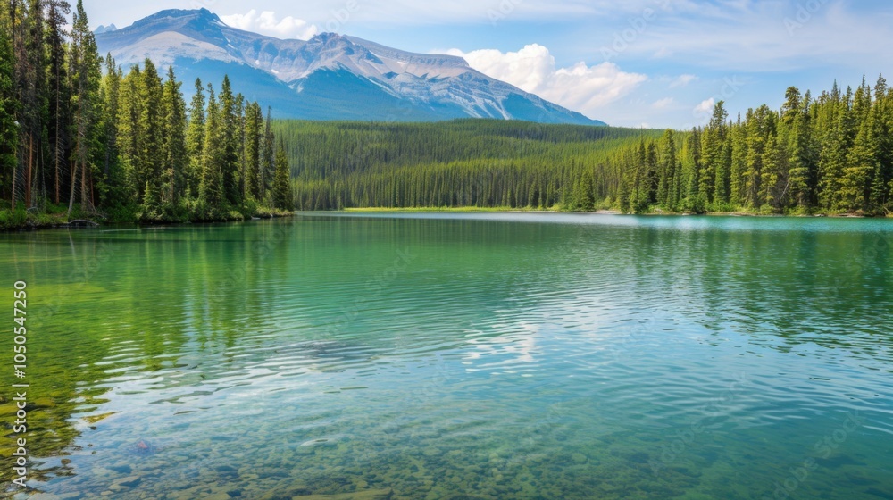 A serene view of the emerald green lakes and dense forests of Canada��s Banff National Park with towering mountain peaks in the distance, national park setting with rich greens and blues, Banff style A serene view of the emerald green lakes and dense forests of Canada��s Banff National Park with towering mountain peaks in the distance, national park setting with rich greens and blues, Banff style