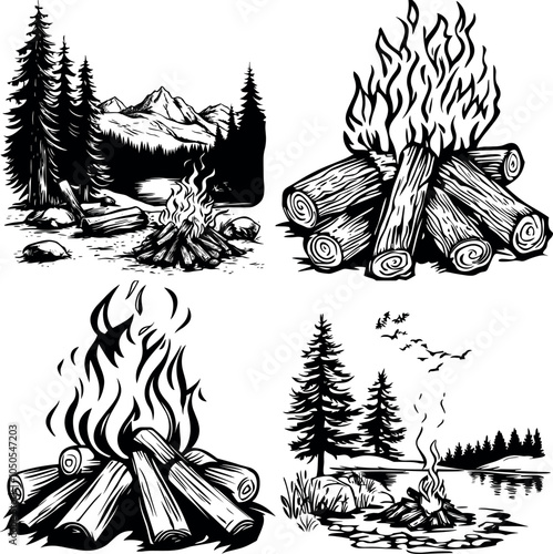 Rustic Campfire Scenes: Detailed Black and White Illustrations of Outdoor Adventures