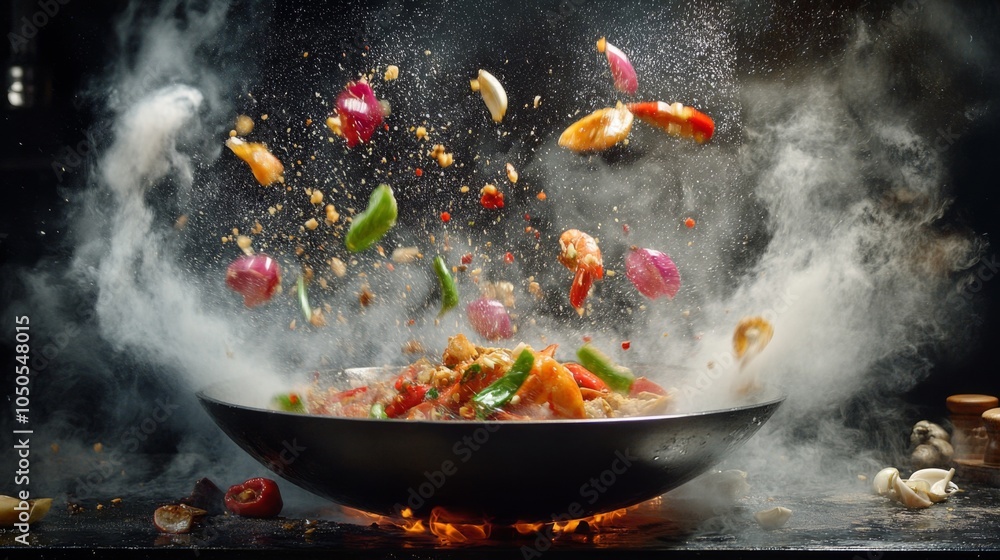 Vibrant Ingredients Flying in Cooking Motion Vibrant Ingredients Flying in Cooking Motion