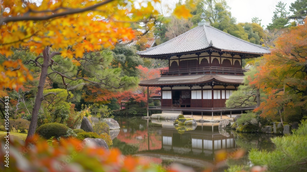 A serene view of the historic city of Kyoto during autumn with colorful maple leaves covering traditional temples and tranquil ponds reflecting the vibrant foliage A serene view of the historic city of Kyoto during autumn with colorful maple leaves covering traditional temples and tranquil ponds reflecting the vibrant foliage