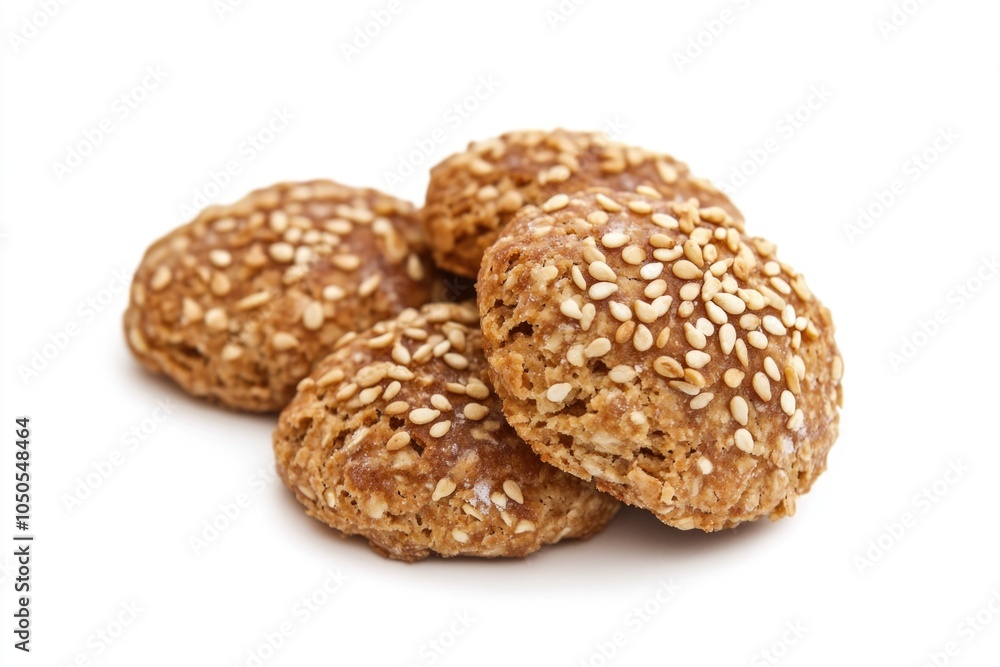 Freshly baked sesame seed cookies on a white surface, perfect for snack or dessert Freshly baked sesame seed cookies on a white surface, perfect for snack or dessert