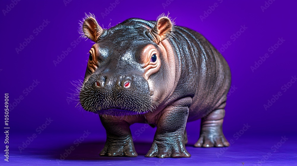 Fototapeta premium Pygmy Hippo Calf on Flat Purple Background