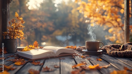 Wallpaper Mural A rustic wooden terrace featuring a steaming cup of coffee, an open book, and a blanket, with scattered autumn leaves. The warm light of late afternoon adds a golden glow to the scene, Torontodigital.ca