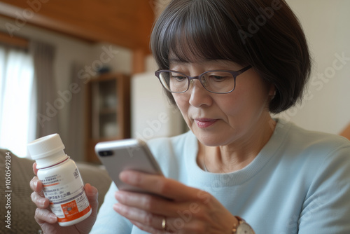 Health care concept, asian senior woman using smart phone reading, searching prescription on bottle medicine, pill label text about information online, instructions side effects, pharmacy medicament