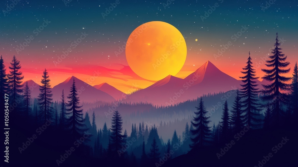 Moon and mountain silhouette landscape outdoors. Moon and mountain silhouette landscape outdoors.