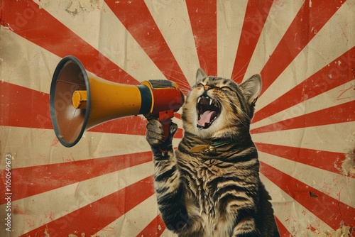 A domestic cat holds a megaphone in its mouth, possibly preparing for a protest or demonstration