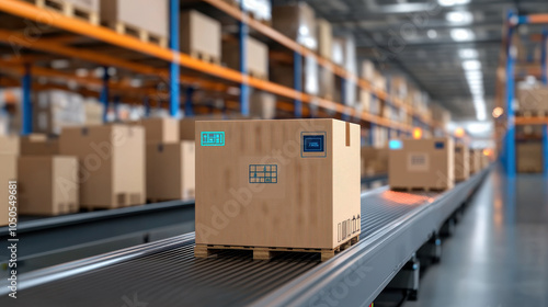 Automated boxes moving on conveyor belt in warehouse setting