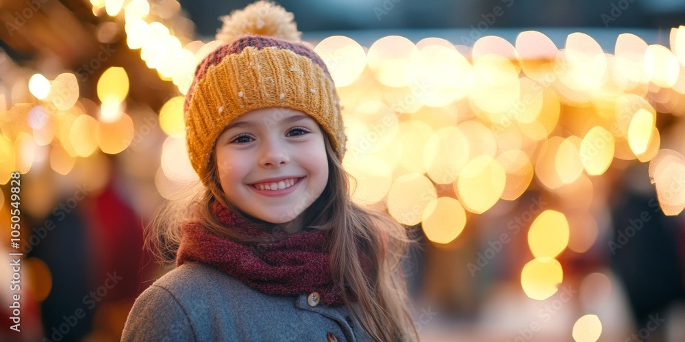 A smiling girl wearing a warm yellow hat and scarf stands in a festive atmosphere with bright lights. This photo captures the joy of winter celebrations. A smiling girl wearing a warm yellow hat and scarf stands in a festive atmosphere with bright lights. This photo captures the joy of winter celebrations.