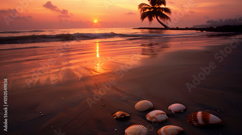 Serene sunset over tranquil beach with palm tree, seashells, and gentle waves photo