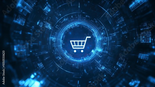 Abstract blue digital background with shopping cart icon on circular glowing line in the center generative ai