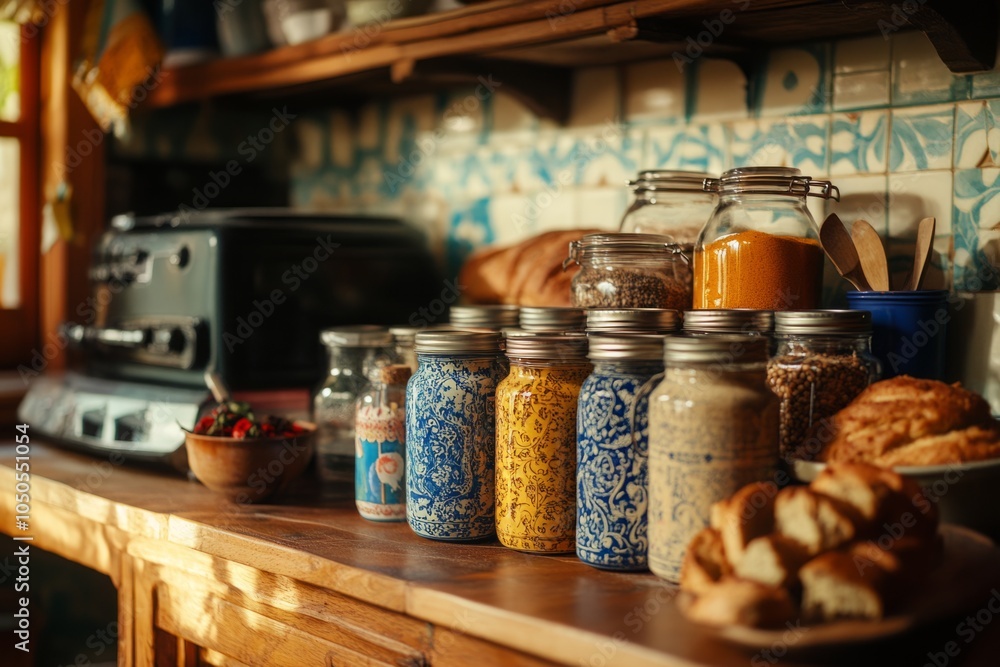 A cozy kitchen scene with jars filled with colorful ingredients. Fresh baked goods and appliances add warmth. Perfect for food blogs and home cooking. Generative AI A cozy kitchen scene with jars filled with colorful ingredients. Fresh baked goods and appliances add warmth. Perfect for food blogs and home cooking. Generative AI