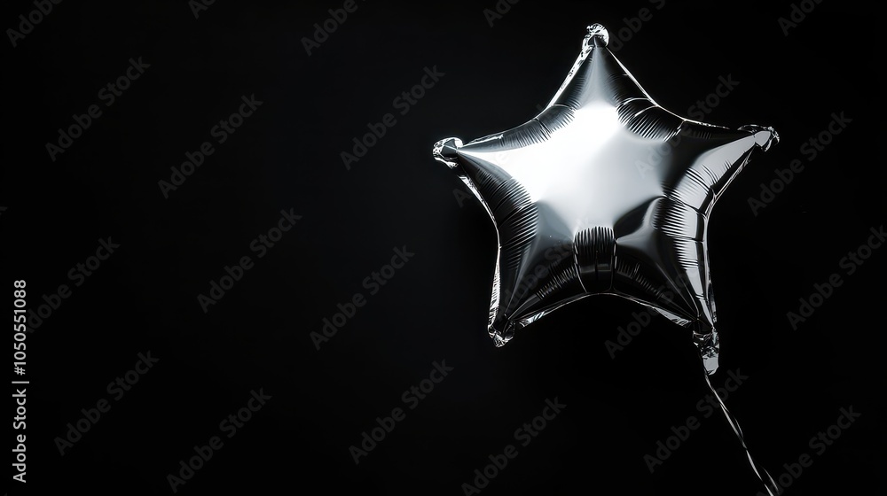 A silver star-shaped balloon floating on an isolated black background, gleaming under soft light A silver star-shaped balloon floating on an isolated black background, gleaming under soft light