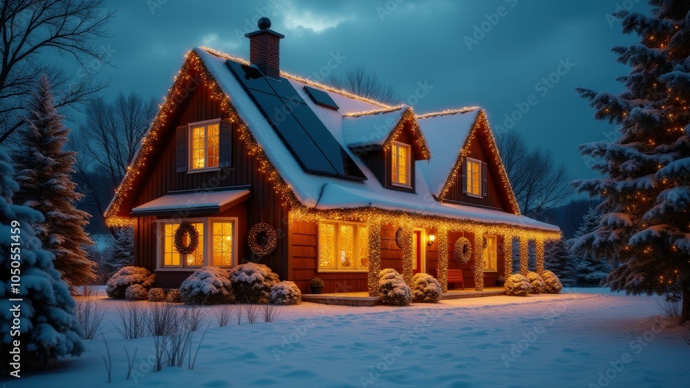 A cozy cabin-style house in the snow with festive Christmas lights illuminating the exterior, creating a warm holiday vibe. A cozy cabin-style house in the snow with festive Christmas lights illuminating the exterior, creating a warm holiday vibe.