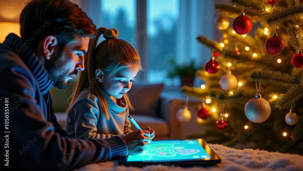 A family gathered around a tablet, experiencing the joy of Christmas with a decorated tree in the background A family gathered around a tablet, experiencing the joy of Christmas with a decorated tree in the background