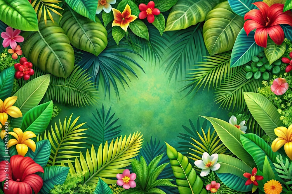 Obraz premium Panoramic floral wallpaper featuring tropical plants with bright green flowers and grass leaves