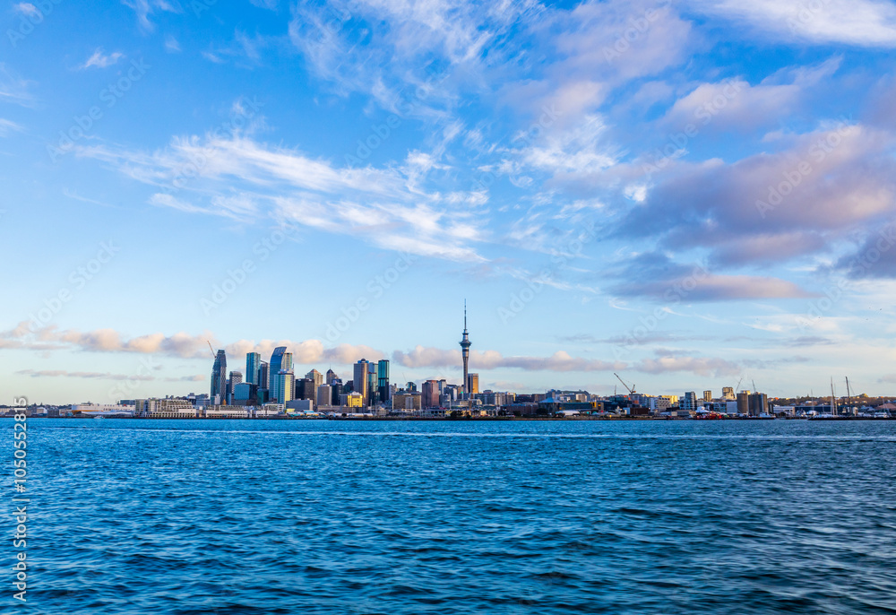 Cityscape panoramic view of Sky Tower and CBD waterfront from Bayswater Marina Cityscape panoramic view of Sky Tower and CBD waterfront from Bayswater Marina