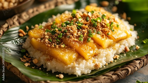 A highly detailed close-up of Thai jackfruit sticky rice served on a banana leaf