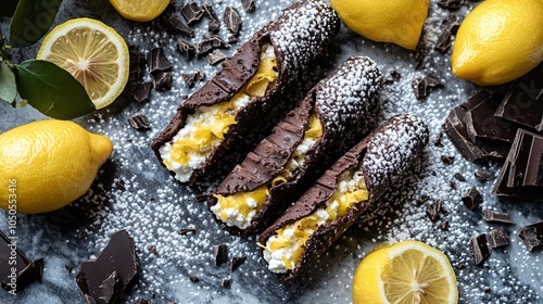 Chocolate-dipped cannoli with lemon ricotta filling, placed on a gray marble surface, surrounded by fresh lemons, powdered sugar, and chocolate shavings photo