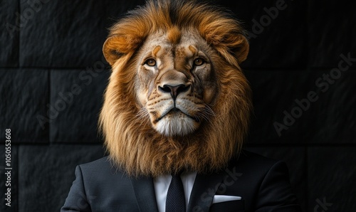 Majestic Lion in Business Suit - Corporate Portrait of Powerful Animal, Professional, Authority, Leadership, Conceptual Photography, Generative AI photo