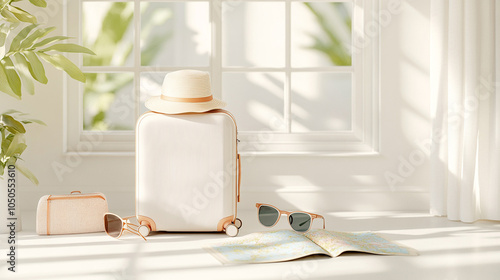 
3D travel essentials laid out with luggage standing upright, hat resting on top, map open on the floor, and sunglasses nearby, clean and clear design, free text, cute style,