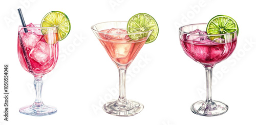 A set of watercolor cocktails in glass glasses decorated with a slice of lime png. A variety of cocktail drinks with ice and a straw decorated with a piece of lime. Bar elements.