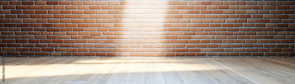Fototapeta premium Illuminated brick wall and wooden floor a study in texture and light for interior design inspiration