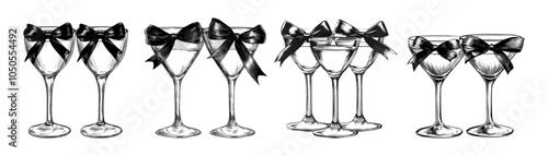 A set of glasses for cocktails decorated with a black bow png. Elegant drinking glasses decorated with a satin ribbon bow in black and white colors, linear illustration. Vector.