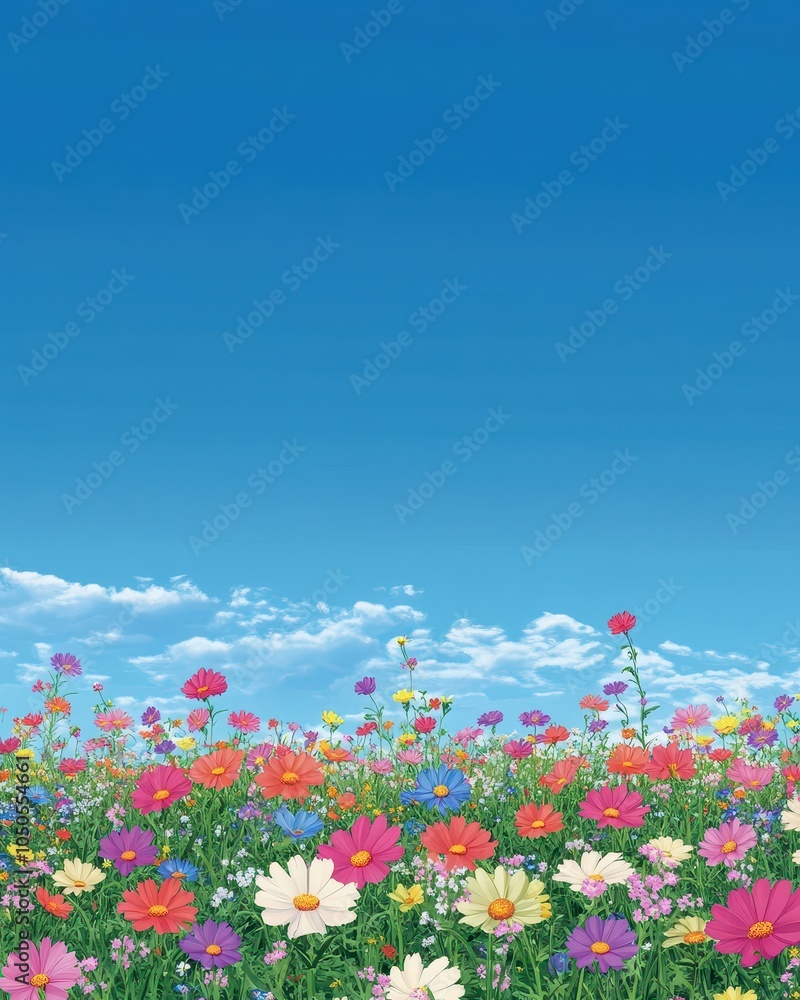 field of coloured flowers with blue sky in the background, panoramic, low angle view, tilable wallpaper, tiled, seamless infinite wallpaper field of coloured flowers with blue sky in the background, panoramic, low angle view, tilable wallpaper, tiled, seamless infinite wallpaper