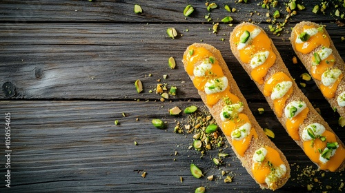 Pistachio-dipped cannoli shells filled with orange mascarpone cream, placed on a rustic wooden background, surrounded by crushed pistachios and gold accents photo