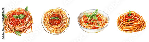 Watercolor set of Italian spaghetti with tomato sauce, pieces of tomato and basil leaves. Italian cuisine watercolor. Appetizing pasta with tomatoes.