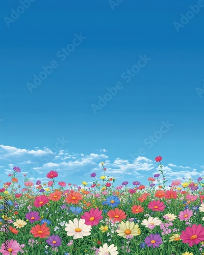 field of coloured flowers with blue sky in the background, panoramic, low angle view, tilable wallpaper, tiled, seamless infinite wallpaper