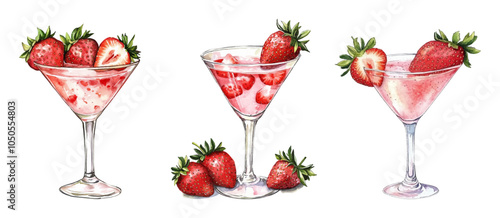 Watercolor set of strawberry alcoholic cocktails png. Alcoholic pink cocktails decorated with strawberries in glass transparent glasses. Bar elements. Strawberry alcoholic drinks.