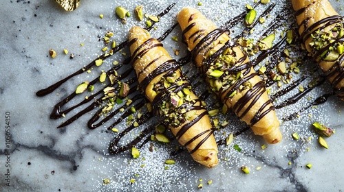 Pistachio-stuffed cannoli with chocolate drizzle, placed on a gray marble surface, garnished with crushed pistachios, gold leaf accents, and powdered sugar photo