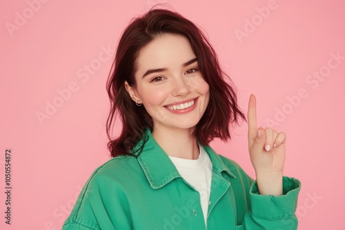 A woman wearing a green jacket and making a peace sign gesture