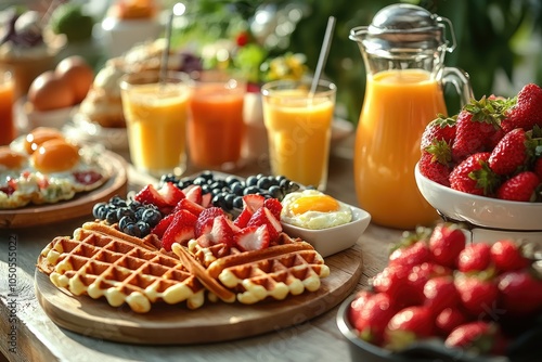 Brunch buffet table featuring waffles, eggs benedict, fresh juices, and pastries, with a lively, bustling atmosphere and natural light streaming through windows photo