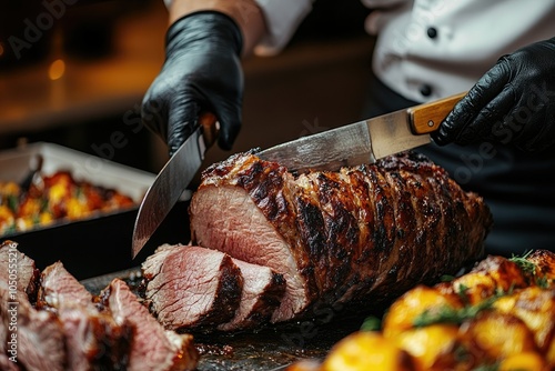 Close-up of a meat carving station at a buffet, with a chef slicing roasted meat in front of guests, under warm lighting that highlights the rich textures