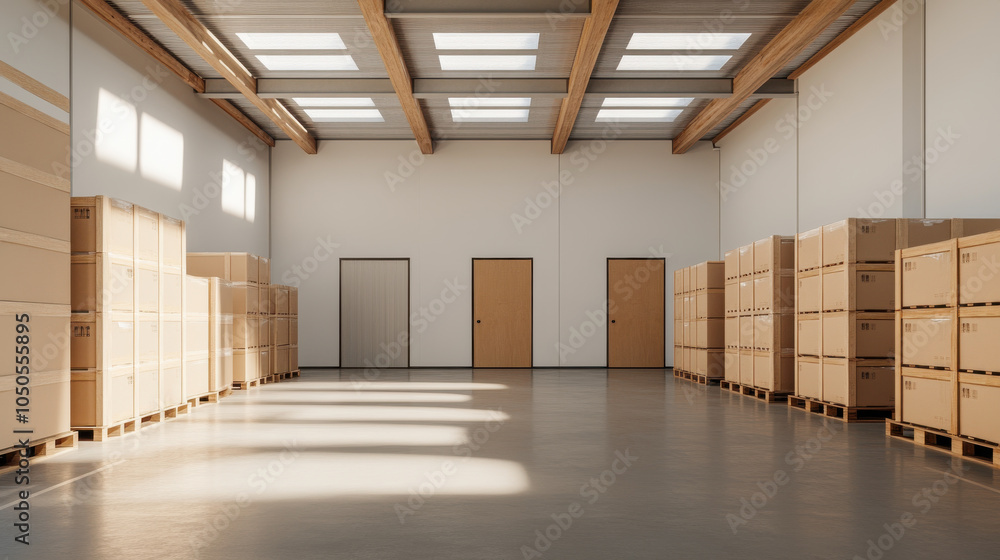 Modern warehouse interior with stacked pallets and efficient layout Modern warehouse interior with stacked pallets and efficient layout