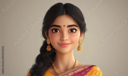 Smiling Indian Cartoon Woman in Traditional Clothes, 3D Style, Light Background, Portrait of Female Character, Human Emotions and Cultural Expression, Generative AI