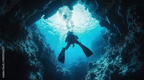 A scuba diver explores a dark underwater cave, with sunlight streaming through the opening above.