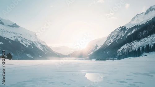 A serene view of the snow-covered peaks and frozen lakes of the Swiss Alps with cozy chalets nestled in the valley and soft sunlight casting a warm glow