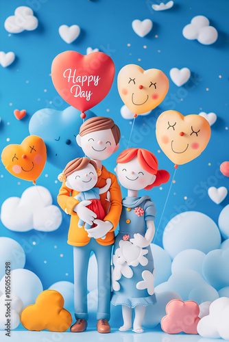 A happy family gathered together with balloons