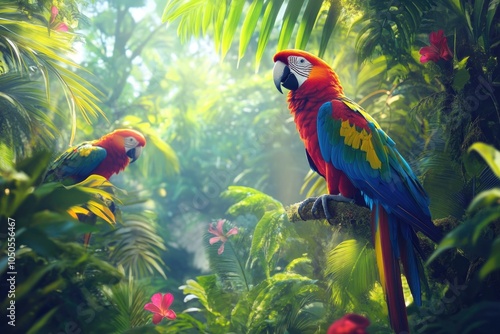 Wallpaper Mural Colorful parrots perched on a lush jungle branch, surrounded by greenery Torontodigital.ca