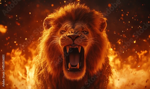 Ferocious Roaring Lion with Fiery Mane in Flaming Background, Majestic King of Beasts in 3D Digital Art, Symbolizing Power and Wild Nature, Generative AI